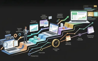 Ilustracija SEO vremenskog okvira s web stranicom, analizom, tehničkom optimizacijom, sadržajem, grafikom organskog rasta i postupnim napretkom prema boljim pozicijama u rezultatima pretraživanja